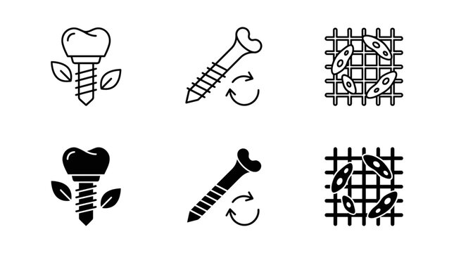 Dental implant and medical hardware outline and glyph icon set with regeneration orthodontics dentistry