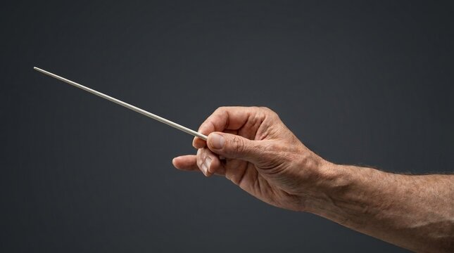 Close-up of a wrinkled elderly hand holding a thin white conductor baton on a dark background
