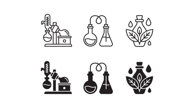 Scientific distillation apparatus and herbal extract process icons with distillation laboratory glassware