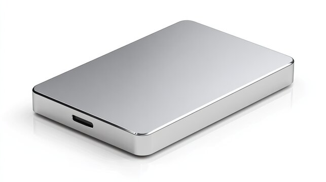 Metallic, rectangular external hard drive