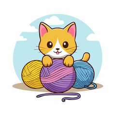 Obraz premium Cute Cartoon Cat Playing with Yarn Balls