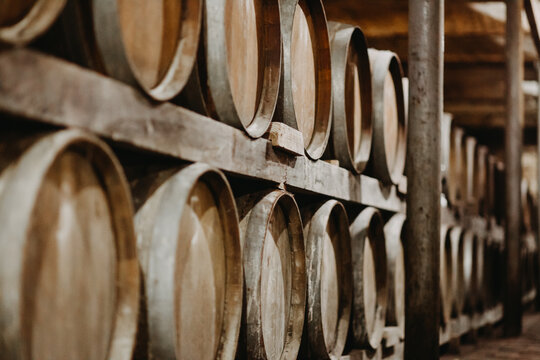 View of rows of traditional wooden wine barrels stacked in a rustic cellar with dim lighting Coka, Vojvodina, Serbia.