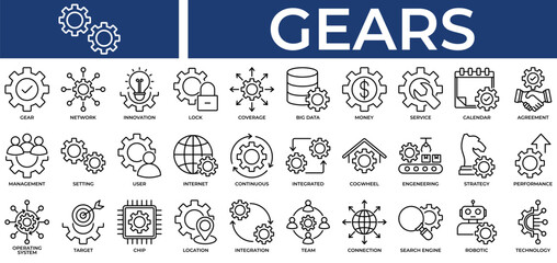 Gears icon set collection. Containing link, labor, profit, performance, planning, deal, agreement .Line vector icons collection © kim hana
