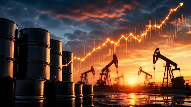 Oil and gas industry scene with pumpjack silhouettes storage barrels and rising price chart at sunset representing energy market growth petroleum production fuel investment and global economy