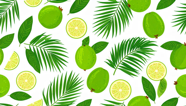 a repeating pattern of tropical fruits and leaves. the fruits include limes and possibly lemons or other citrus, while the leaves resemble those of palm trees