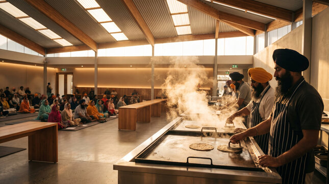 Sikh volunteers at a langar kitchen press fresh rotis on a wide iron griddle, steam rising, golden hour light through a corrugated roof, com