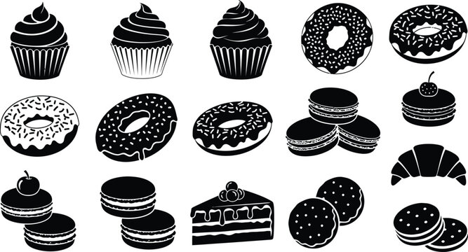 Black silhouette pastry collection cupcakes donuts macarons croissants and cakes vector illustration