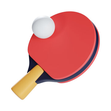 3D render of a red table tennis paddle with a white ping pong ball, isolated on a light background with a clean and modern indoor sports equipment design.