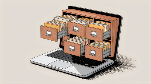 Laptop with stacked file folders illustration