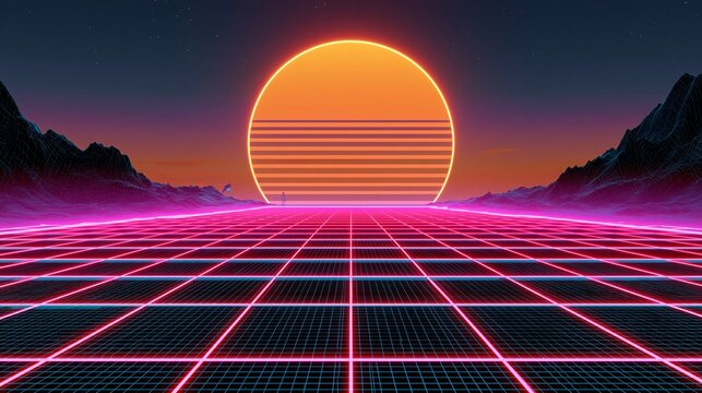Retro cyberpunk style 80s Sci-Fi Background Futuristic with laser grid landscape. Digital cyber surface style of the 1980`s. 3D illustration