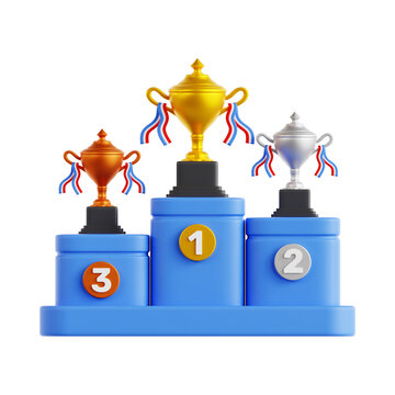 3D render of a winners podium with gold, silver, and bronze trophies on blue pedestals marked first, second, and third place, isolated on a light background with a clean minimal design.