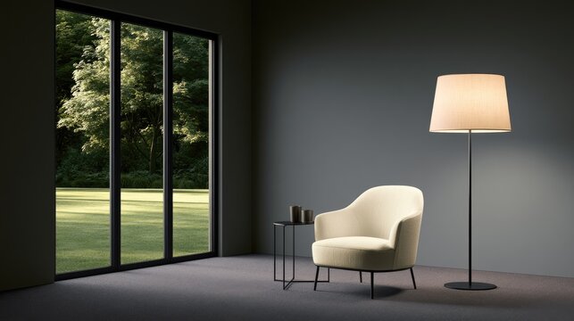 Minimalist room with plush armchair, floor lamp, and verdant outdoor view
