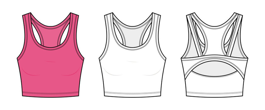 Keyhole Racerback Sports Bra Technical Fashion Illustration. Activewear Crop Top Vector Template. Front and Back View. Lower Back Cutout. CAD Mockup Set.