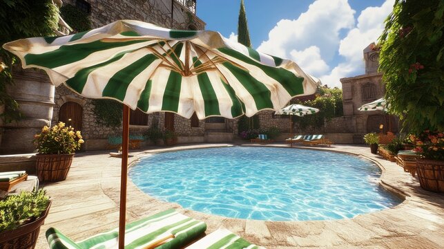 Outdoor pool area with striped umbrellas and lounge chairs.
