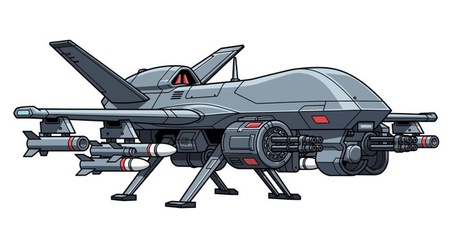 Futuristic Military Combat Drone Vector Illustration with Advanced Weapon Systems