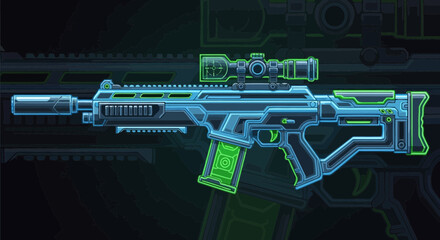 Futuristic Neon Plasma Rifle Vector Illustration   Sci-Fi Weapon Gaming Design © Ahmad