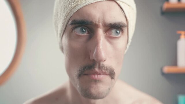 Comical mustached man in bathroom with towel on head looks around, blinking in confusion and surprise