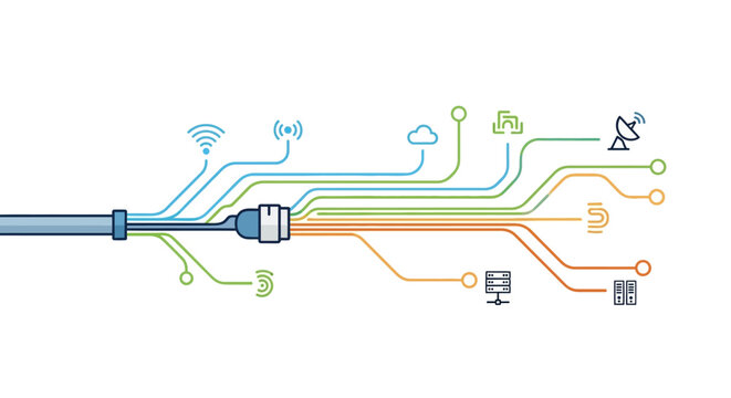 Network cable splitting into multiple colored lines connecting to various technology icons representing data flow and communication infrastructure on a clean white background.