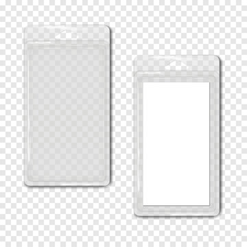 Empty rectangle clear plastic blister box with blank white label sticker and hanging slot. Realistic 3d vector mock-up. Transparent case package to display product. Easy editable mockup. Template