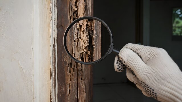 Gloved hand using magnifying glass to inspect damaged wooden door frame with rot and cracks for home repair pest control property maintenance renovation inspection and structural restoration service