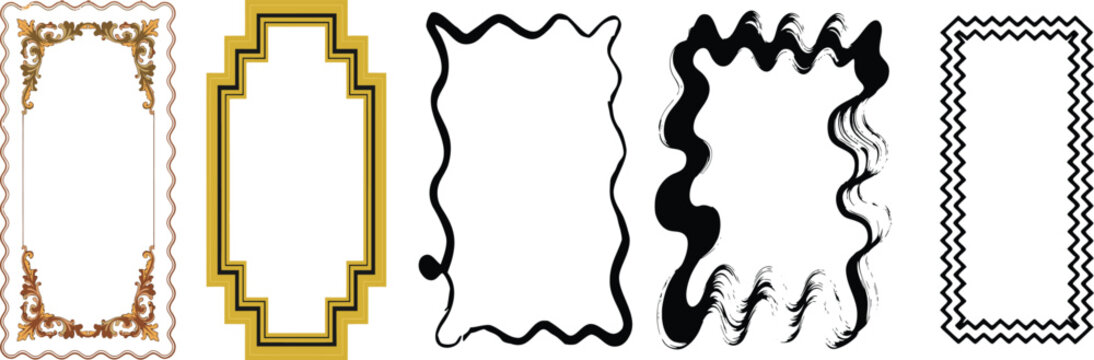 Vintage decorative border frame collection with elegant ornamental outlines. Minimal retro label templates in geometric and artistic styles. Stylish monochrome design elements set.