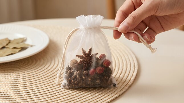 Gathering aromatic whole spices in a sheer drawstring bag for natural fragrance