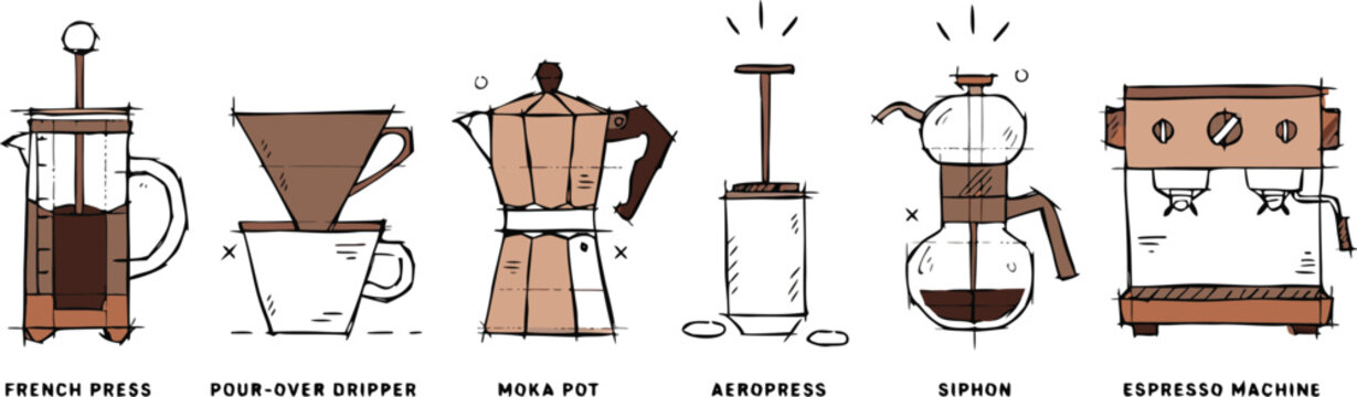 Hand drawn coffee brewing equipment collection illustration. Vintage espresso maker and pour over tools sketch set. Modern cafe barista icon design for menu decor.