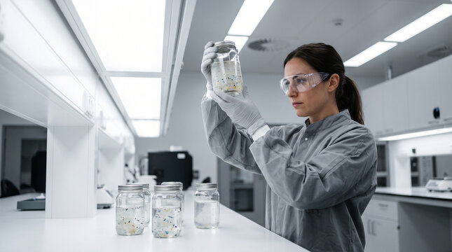 Glass laboratory jars lined on a white bench hold water samples clouded with suspended microplastic fragments, a focused researcher in safet 2