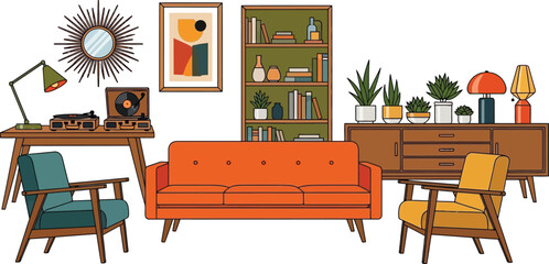Obraz premium Mid-century modern living room furniture collection featuring orange sofa armchairs bookshelf and record player vector illustration for home decor