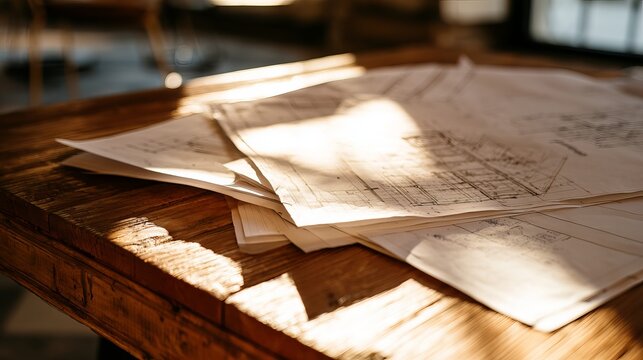A stack of architectural blueprints and papers on a wooden table in a bright room