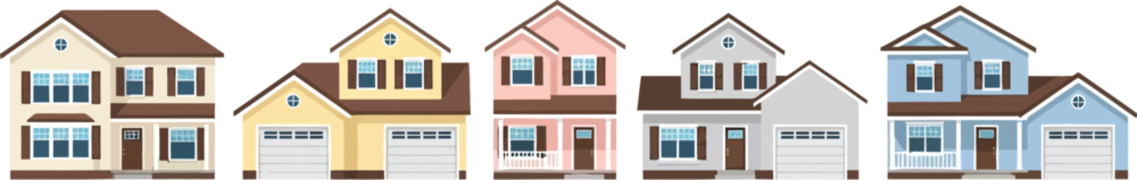 Set of five suburban residential houses with garages and windows for real estate and neighborhood concept flat vector illustration