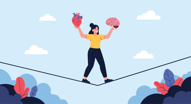 Young woman balances on a tightrope while holding a human heart and brain representing the mental struggle between emotion and logic.