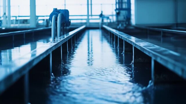 Water purification in an industrial treatment plant, clear water rushing through a long narrow channel, highlighting clean infrastructure, filtration, and environmental protection