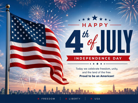 "Happy 4th of July Independence Day poster with waving American flag on pole, colorful fireworks, city skyline sunset, and bold red white blue typography."