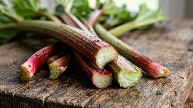 Close up of rhubarb stems on rustic wooden board with freshly cut edges, natural organic rhubarb stalk detail, healthy cooking ingredient with vibrant red and green tones, natural light, realistic