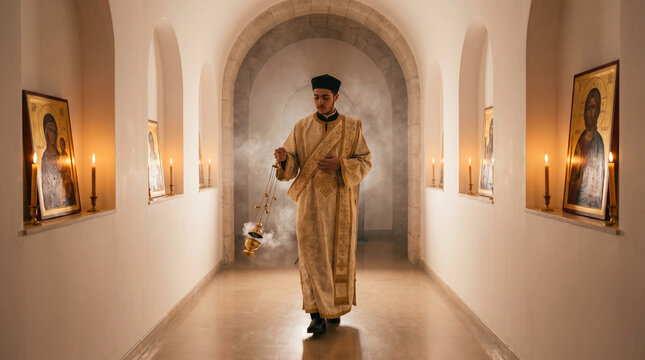 A Coptic Orthodox deacon carries a golden censer down a narrow incense-filled corridor, embroidered vestments swaying, candlelit alcoves hol 3