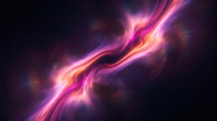 Naklejka premium Abstract cosmic energy beam with glowing pink and orange light waves on dark background.