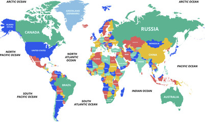 Colorful vector world map with all states and countries name on white background © vector designer