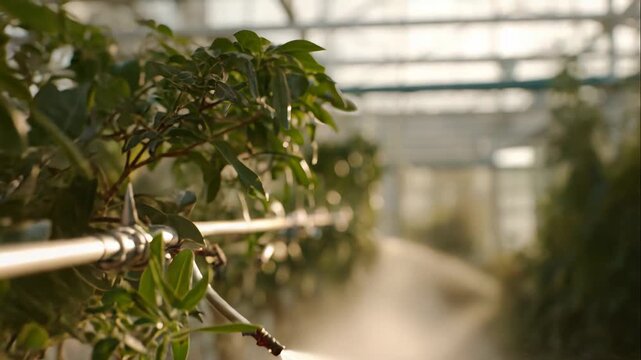 Automated irrigation system carefully misting vibrant green plants, nurturing growth and ensuring optimal conditions within an advanced agricultural facility for sustainable cultivation