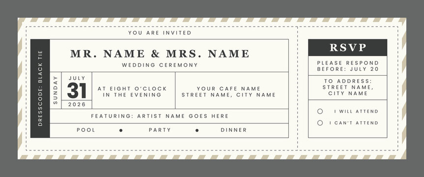 Vintage style invitation template for wedding ceremony. Retro ticket template for event. Wedding invitation template.