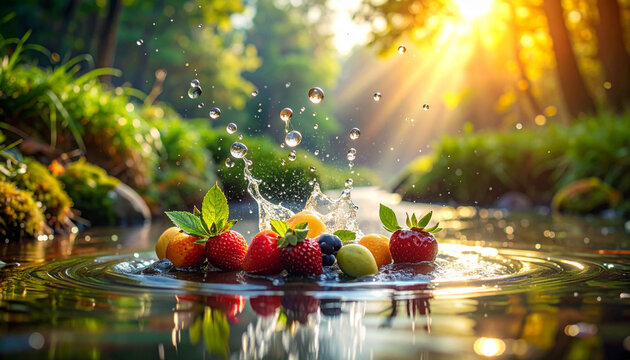 Fresh berries splashing in water