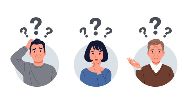Uncertainty and Confusion Three People with Question Marks Above Their Heads Expressing Doubt