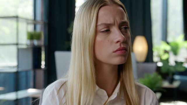 Caucasian hesitate business woman student girl thinking has problem with choice difficult choosing think in office female businesswoman holding chin creating idea working concentration challenge work