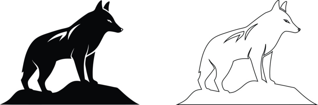 Black and white silhouette and outline of a wolf standing on a rocky outcrop keywords: wolf, silhouette