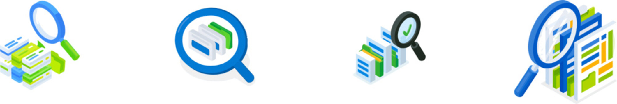 A magnifying glass hovers over a stack of data blocks and folders in an isometric view, set against a clean white background with a professional royal blue and light grey color palette