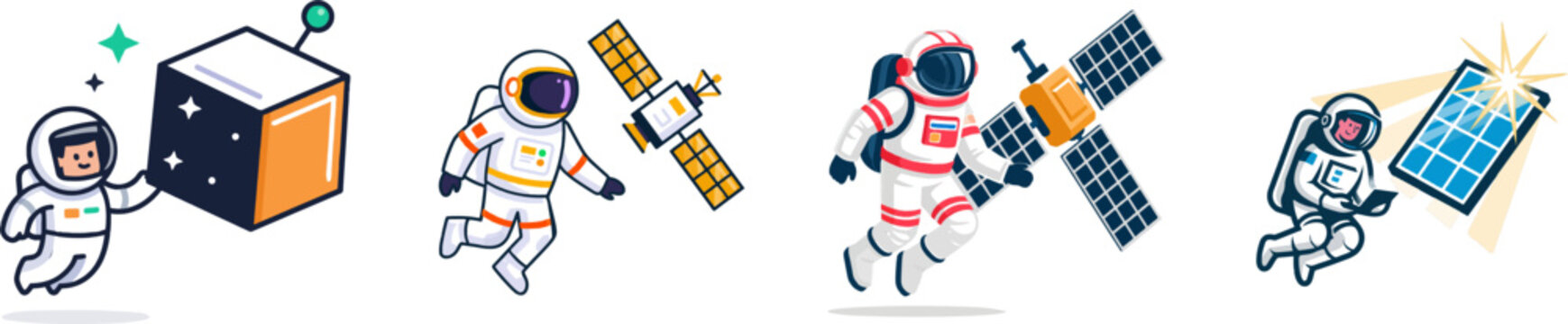 An astronaut in a sleek white suit floats next to a giant geometric satellite, both isolated on a crisp white background with bold solid colors