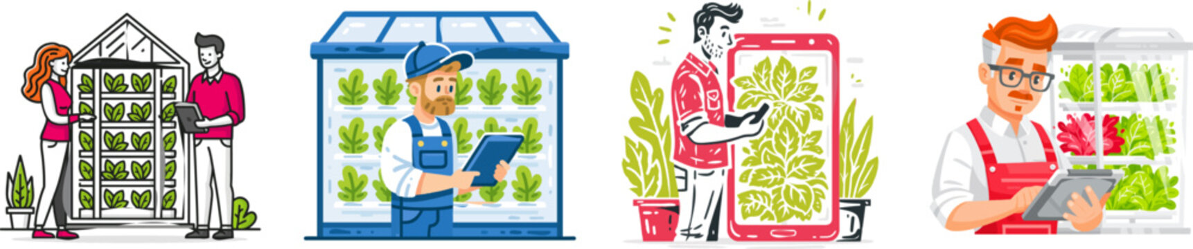 A woman in a bright fuchsia shirt monitors a vertical hydroponic garden inside a stylized glass building, while a man in a red sweater uses a tablet to analyze data on the lush green plants within