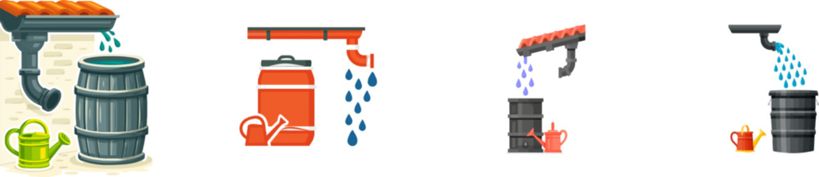 A rain barrel collects water from a stylized roof gutter in a simple garden corner, with a small watering can nearby, all depicted in bold geometric shapes and sharp edges on a flat design