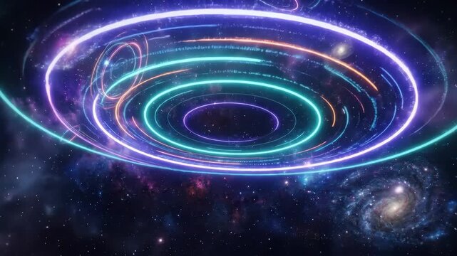 Neon rings in space, futuristic abstract scene with glowing circular forms floating in a dark cosmic environment, vibrant sci fi background for technology and creative design concepts, luminous