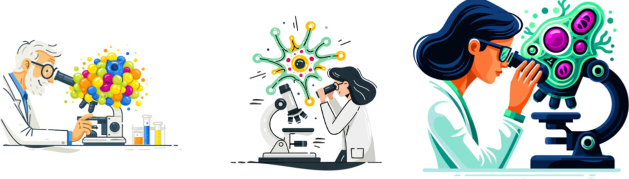 A scientist in a mint green lab coat peers through a vibrant microscope filled with colorful, stylized cells, surrounded by test tubes and beakers on a clean white surface